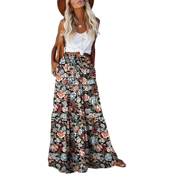 Women's casual high waist tie printed long maxi skirt,