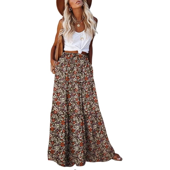 Women's casual high waist tie printed long maxi skirt,