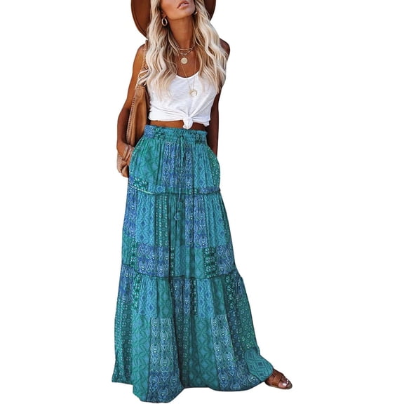 Women's casual high waist tie printed long maxi skirt,