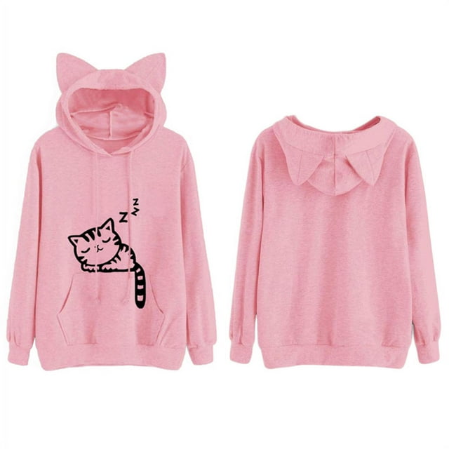 Women's casual jacket, autumn cute cat print with hat sweater jacket casual jacket