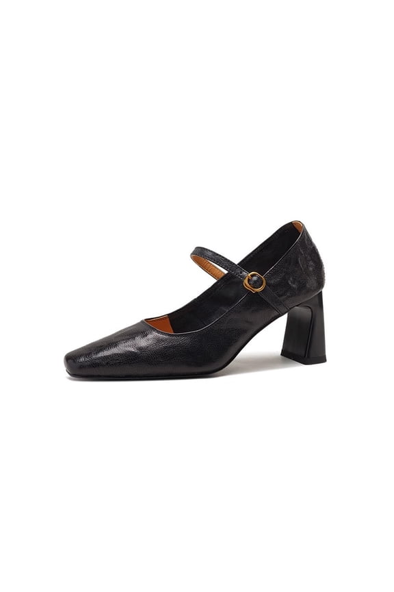 Women's chunky heel shoes, French style genuine leather high heels, mid-heel Mary Jane shoes with a buckle strap, shallow-cut single shoes