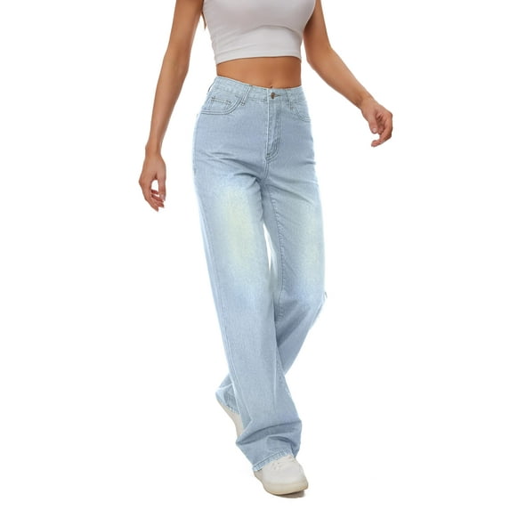 Women's classic mid waist straight leg wide leg hanging jeans, loose and lightweight denim pants