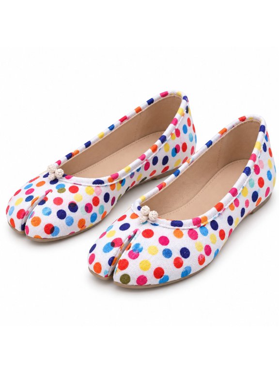 Women's colorful polka-dot split-toe ballet flats, wearing Tabi-style loafers, multi-colored