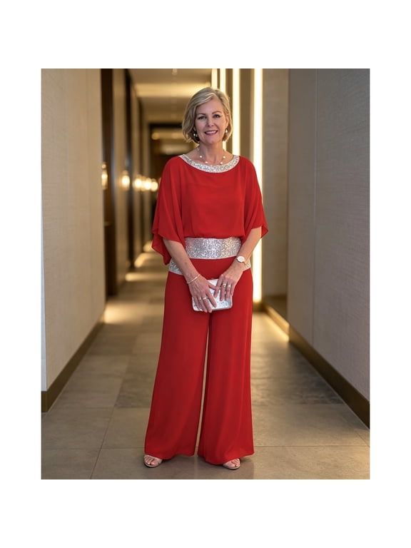 Women's comfortable set: sequined color-block batwing top and wide-leg pants
