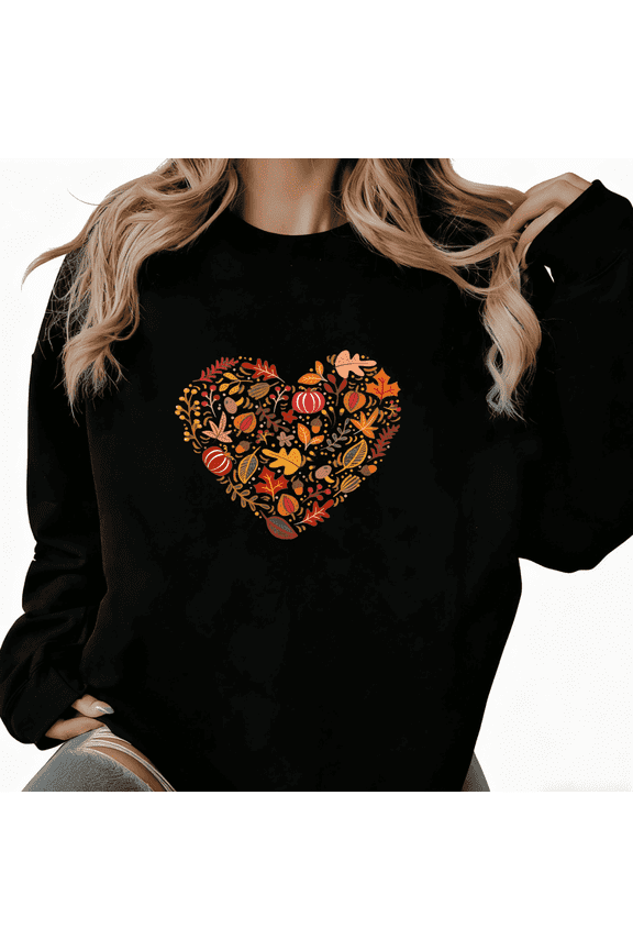 Women's cotton Black Autumn Elements Heart Art Pattern Artistic Niche Design Trendy Loose Casual Sweatshirt S-3XL