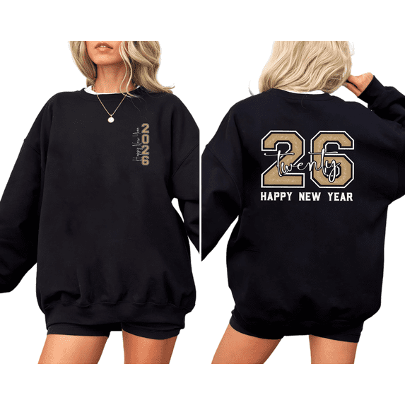 Women's cotton Black Crew Neck Sweatshirt 2026 Happy New Year Front & Back Gold Number Typography Graphic Print Pullover S-3XL