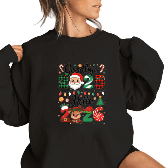 Women's cotton Black Crew Neck Sweatshirt Goodbye 2025 Hello 2026 Santa Reindeer Christmas Graphic Print Casual Pullover S-3XL