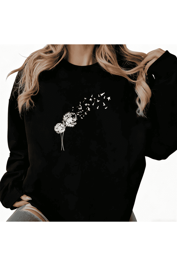 Women's cotton Black Dandelion Bird Art Pattern Artistic Niche Design Trendy Casual Sweatshirt S-3XL