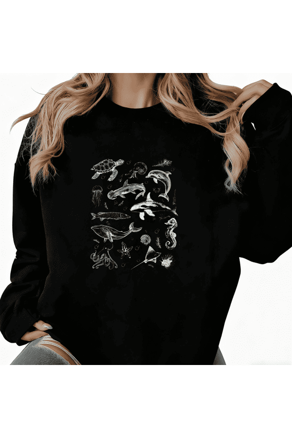 Women's cotton Black Marine Life Line Art Pattern Artistic Niche Design Trendy Loose Casual Sweatshirt S-3XL