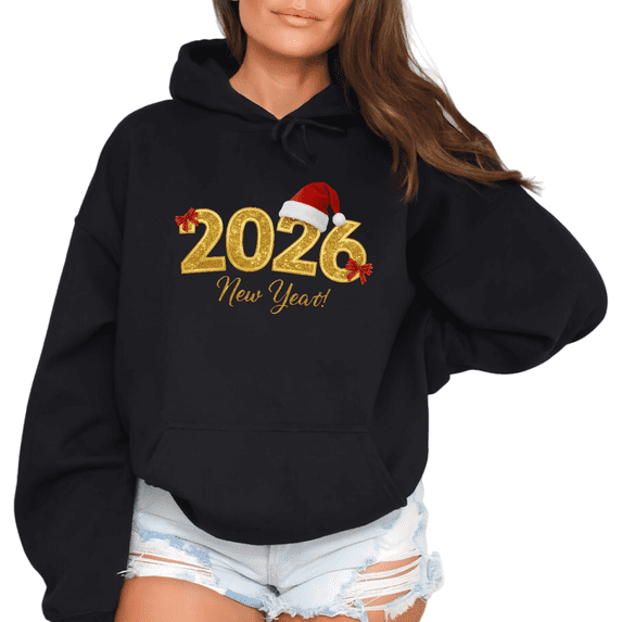Women's cotton Black Oversized Hoodie 2026 New Year Santa Hat Glitter Graphic Print Casual Pullover Hooded Sweatshirt S-2XL