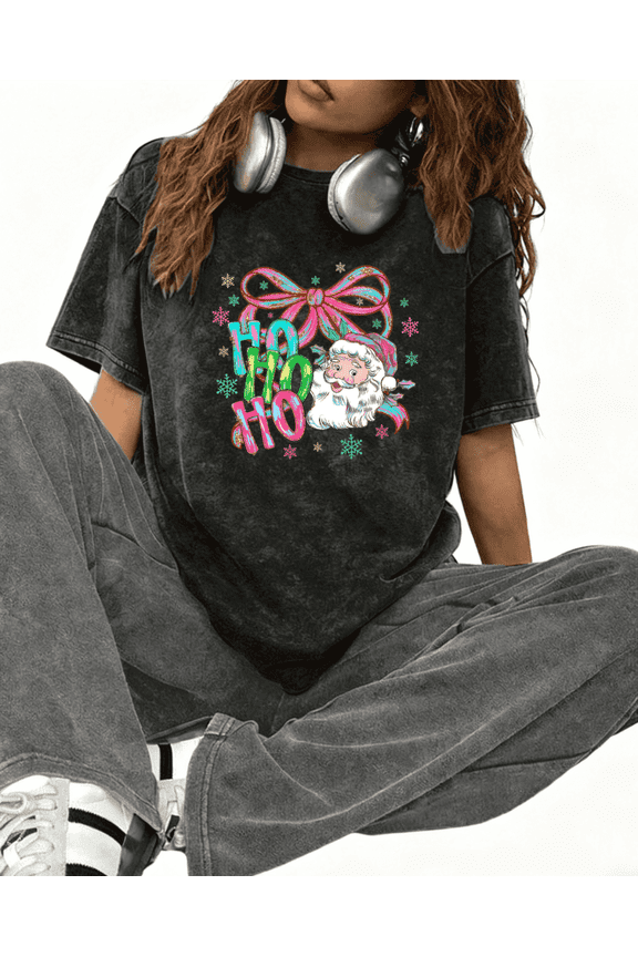 Women's cotton Black Print T-Shirt Graphic Tee Ho Ho Ho with Colorful Santa & Bow Festive Holiday Casual Tops S-2XL