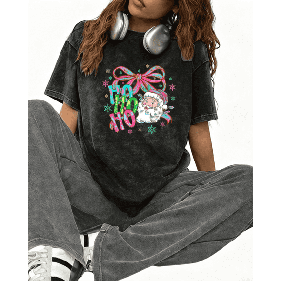Women's cotton Black Print T-Shirt Graphic Tee Ho Ho Ho with Colorful Santa & Bow Festive Holiday Casual Tops S-2XL
