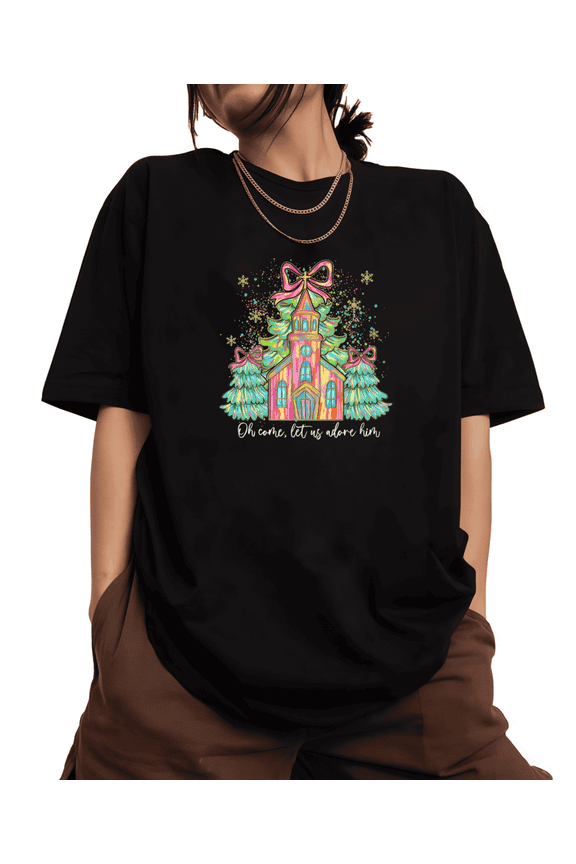 Women's cotton Black Print T-Shirt Graphic Tee Oh Come Let Us Adore Him Colorful Church Christmas Tree Festive Holiday Casual Tops S-5XL