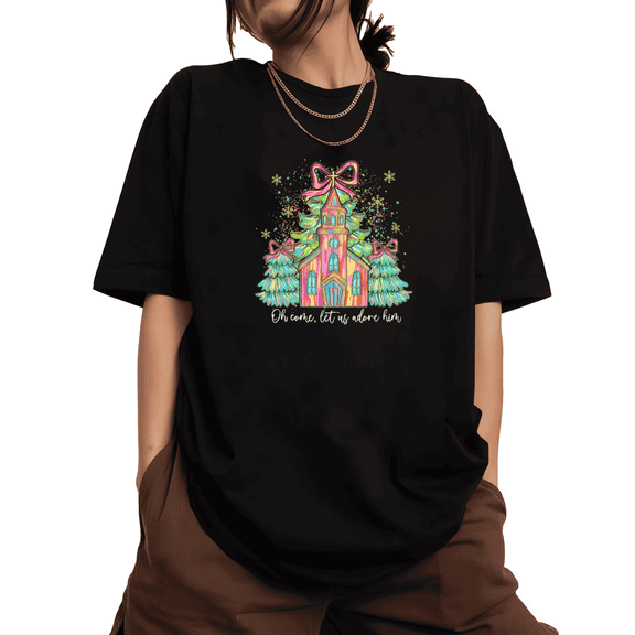 Women's cotton Black Print T-Shirt Graphic Tee Oh Come Let Us Adore Him Colorful Church Christmas Tree Festive Holiday Casual Tops S-5XL