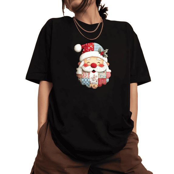 Women's cotton Black Print T-Shirt Graphic Tee Patchwork Santa with Holly Accent Festive Holiday Casual Tops S-5XL
