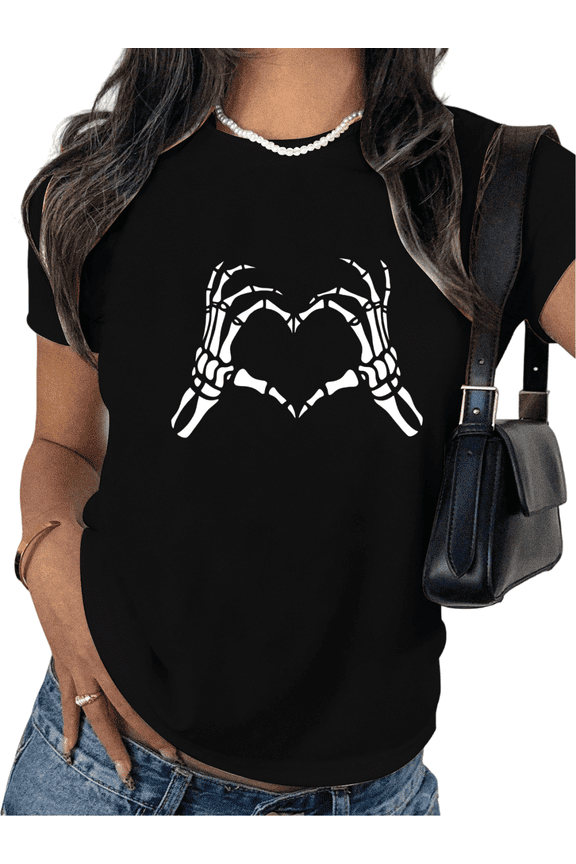 Women's cotton Black Print Tshirt Graphic Tees Skeleton Hands Heart Pattern Shirts S-5XL Casual Daily Tops