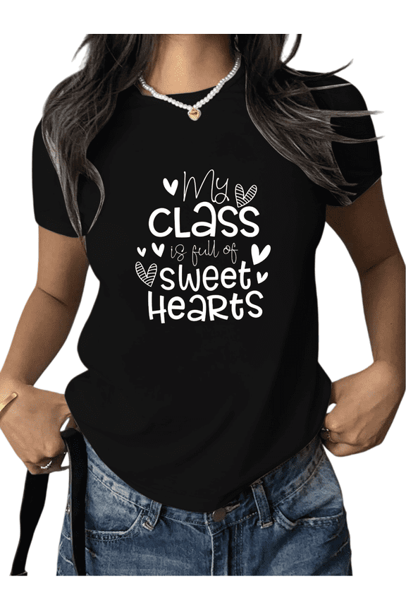 Women's cotton Black Print Tshirt Graphic Tees Teacher Sweet Hearts Class Pattern Shirts S-5XL Casual Daily Tops