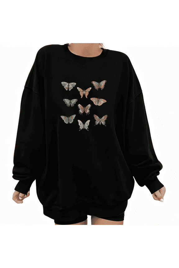 Women's cotton Black Retro Butterfly Series Art Pattern Artistic Niche Design Trendy Loose Casual Sweatshirt S-3XL