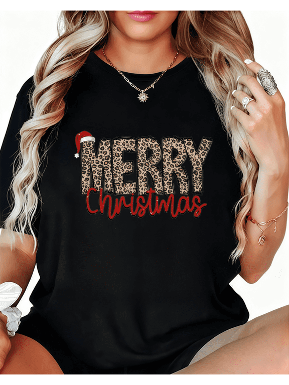 Women's cotton Black S-5XL Graphic T-Shirt Leopard Print Merry Christmas Casual Tee Top for Holiday & Fashion Lovers, Short Sleeve T-Shirt Tops