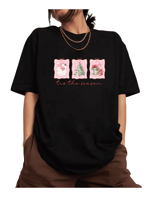 Women's cotton Black S-5XL Graphic T-Shirt Tis The Season Pink Christmas Elements Print Casual Tee Top for Holiday & Sweet Style Lovers, Short Sleeve T-Shirt Tops