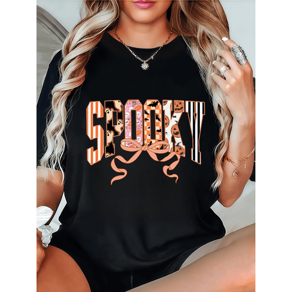 Women's cotton Black T-Shirt Patchwork "Spooky" Bow Typography Halloween Design Casual Tees S-5XL