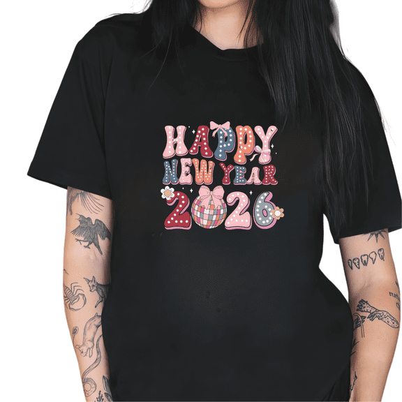 Women's cotton Black Tshirt Graphic Tees Shirts 2026 Happy New Year Colorful Disco Ball Retro Design Casual Tops S-5XL