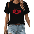 thumbnail image 1 of Women's cotton Black Tshirt Graphic Tees Shirts 2026 Happy New Year Retro Red Script Design Casual Tops S-5XL, 1 of 5