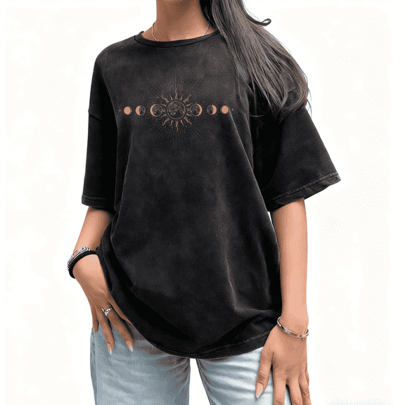 Women's cotton Black Vintage Celestial Sun & Moon Phase Print Tshirt Graphic Tees Shirts S-2XL Astrology & Mysticism Lover Casual Tops