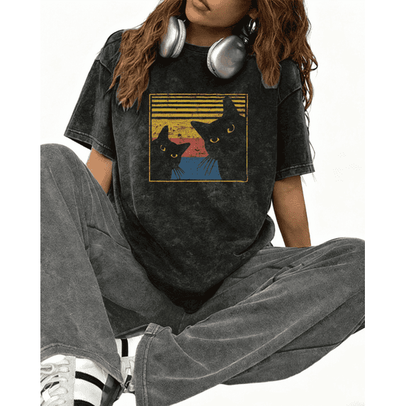 Women's cotton Black Vintage Two Black Cats Retro Print Tshirt Graphic Tees Shirts S-5XL Pet & Retro Lover Casual Tops