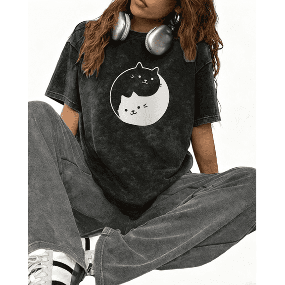 Women's cotton Black Yin-Yang Cat Print Tshirt Graphic Tees Shirts S-2XL Pet & Spiritual Lover Casual Tops