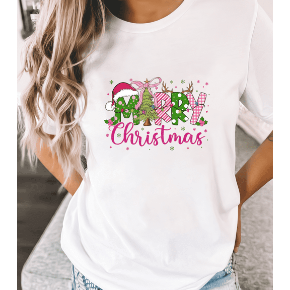 Women's cotton Christmas - Themed "Merry Christmas" Graphic Tees With Santa Hat, Christmas Tree And Festive Letters Print T - shirts Short Sleeve Casual Tops Shirts