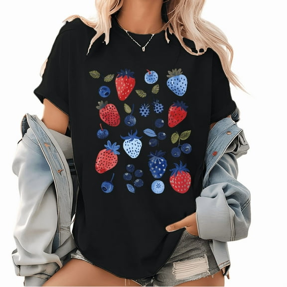 Women's cotton Mixed Berries Pattern Graphic Tees with Highly Eye - Catching and Vivid Print T - shirts Really Comfortable Short Sleeve Tops That Are Great For Daily Casual Shirts