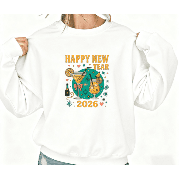 Women's cotton White Crew Neck Sweatshirt 2026 Happy New Year Retro Cocktail Graphic Print Casual Pullover S-3XL