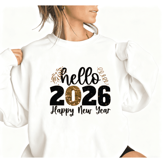 Women's cotton White Crew Neck Sweatshirt Hello 2026 Happy New Year Gold Glitter Firework Graphic Print Casual Pullover S-3XL