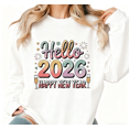 thumbnail image 1 of Women's cotton White Crew Neck Sweatshirt "Hello 2026" Happy New Year Pastel Graphic Print with Champagne & Fireworks Casual Pullover S-3XL, 1 of 5