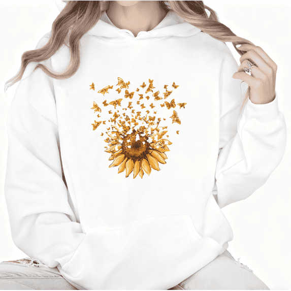 Women's cotton White Hoodie "Retro Golden Butterfly Sunflower Art Print" Artistic Style Casual Tops S-2XL