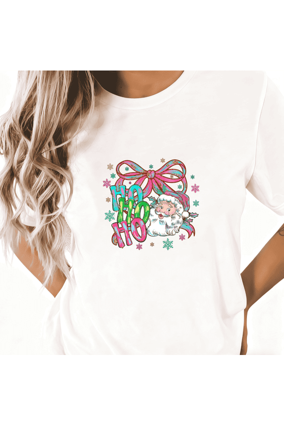 Women's cotton White Print T-Shirt Graphic Tee Ho Ho Ho Colorful Santa with Bow & Snowflakes Festive Holiday Casual Tops S-5XL