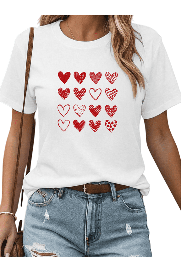 Women's cotton White Print Tshirt Graphic Tees Multi-Pattern Red Love Heart Shirts S-5XL Casual Daily Tops