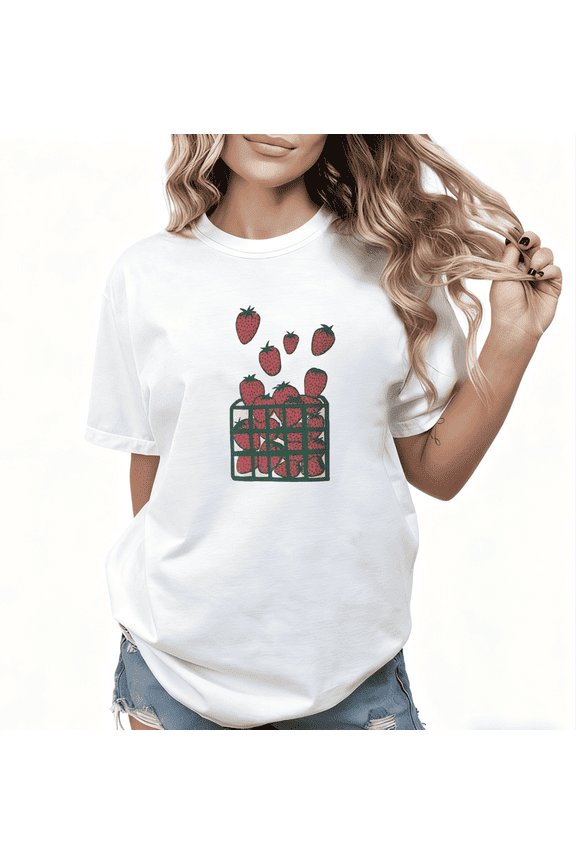 Women's cotton White Retro Strawberry Basket Fruit Print Tshirt Graphic Tees Shirts S-5XL Summer Casual Foodie Tops