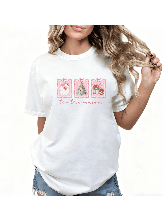 Women's cotton White S-5XL Graphic T-Shirt Tis The Season Pink Christmas Elements Print Casual Tee Top for Holiday & Sweet Style Lovers, Short Sleeve T-Shirt Tops