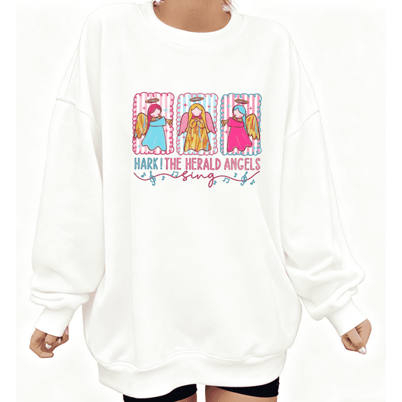 Women's cotton White Sweatshirt Graphic Tee "Hark! The Herald Angels Sing with Colorful Angel Trio" Festive Holiday Casual Tops S-3XL