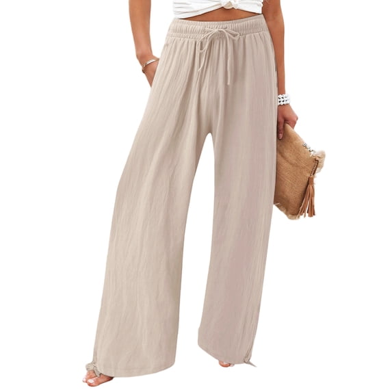 Women's cotton and linen leggings, high-waisted, casual, loose-fitting, straight-leg with pockets.