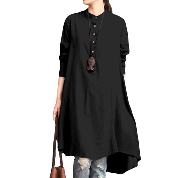 Women's cotton and linen shirt oversized button neck 3/4 sleeve waist cinched top casual V-neck elegant robe dress