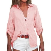 Women's cotton and linen solid color loose three-quarter sleeve shirt