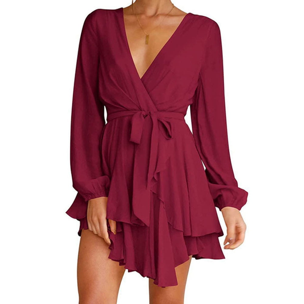 Plus V Neck Long Sleeve Belted Satin A Line Dress
