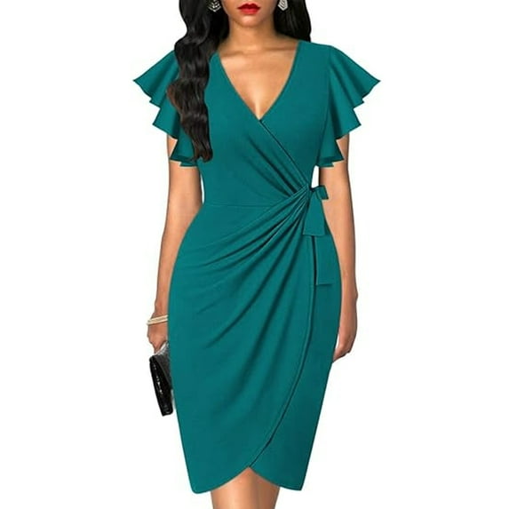 Women's deep V-neck ruffle sleeve solid color Mid dress casual belt cocktail party work dress slim dress