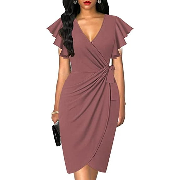Women's deep V-neck ruffle sleeve solid color Mid dress casual belt cocktail party work dress slim dress