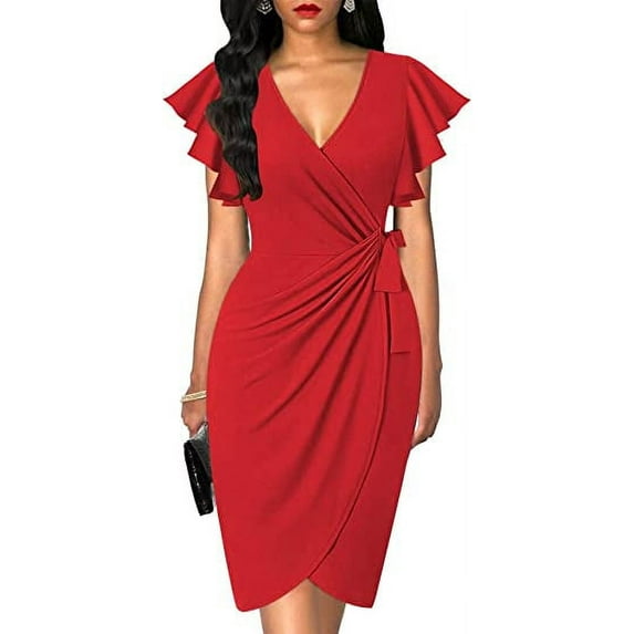 Oten Women's Dress Ruffle Sleeve Mid Dress Casual Cocktail Party Work Dress Slim Dress