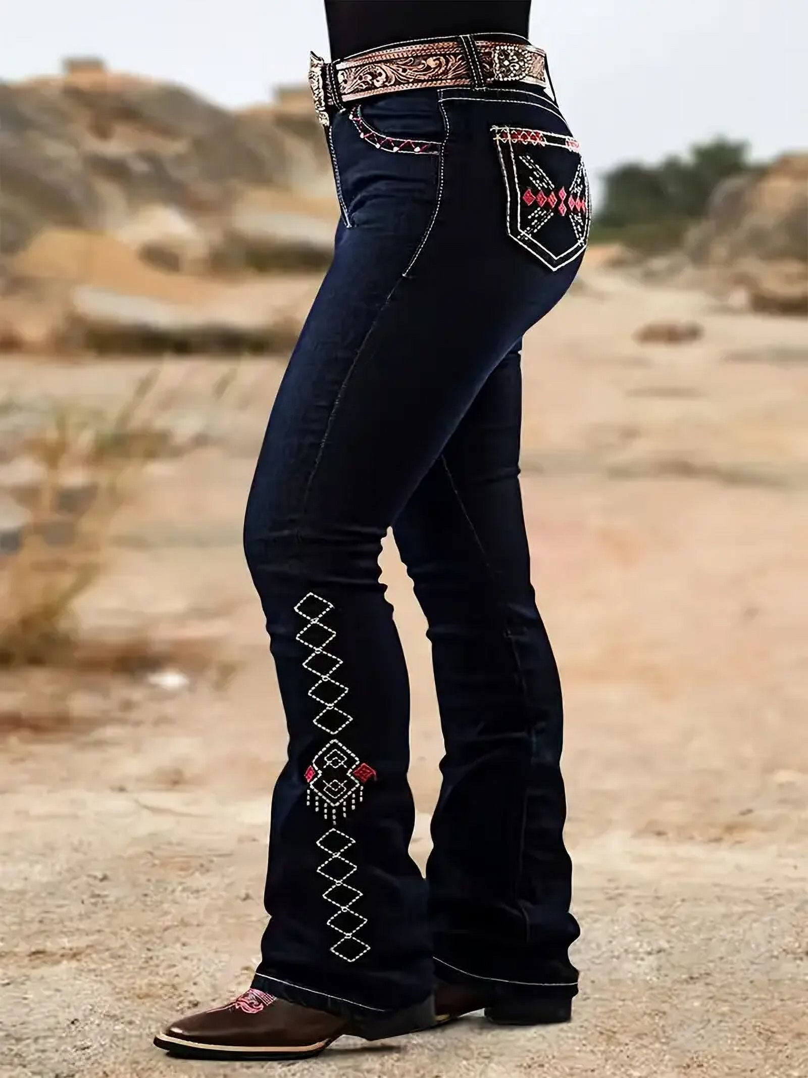 Fashion Jeans For Ladies.Women's deep blue stretch embroidered flared outdoor denim fashion ...