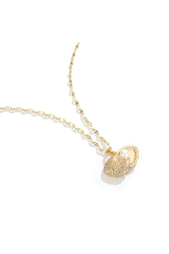 Women's diamond studded fashionable shell pearl gold necklace fan-shaped pendant